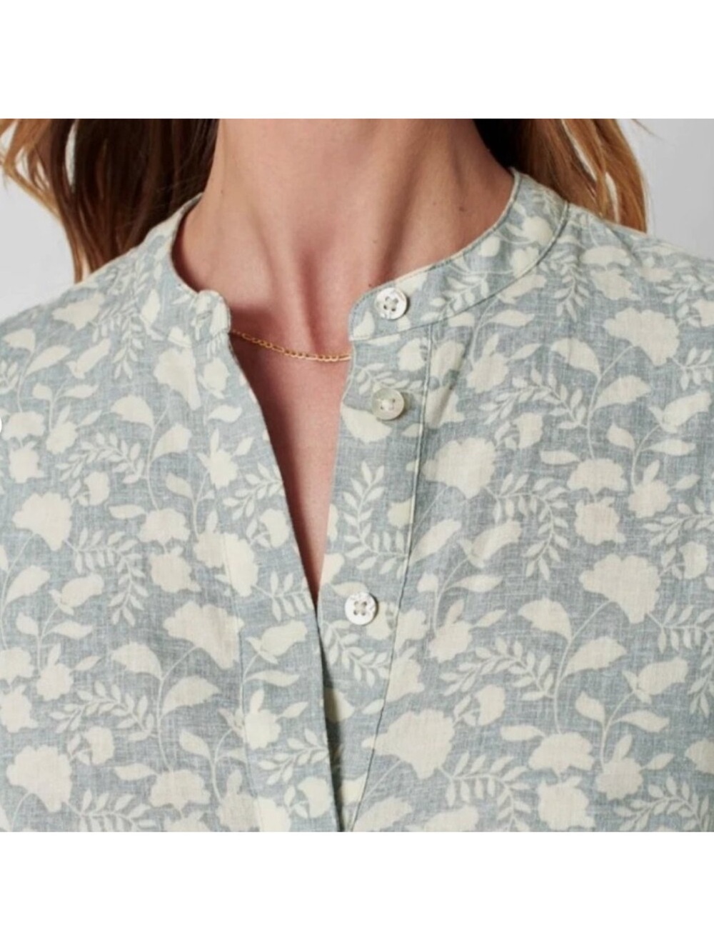 Faherty Penelope Linen Floral 3/4 Sleeve Popover Casual Dress Grey Green Cream M - Picture 2 of 11